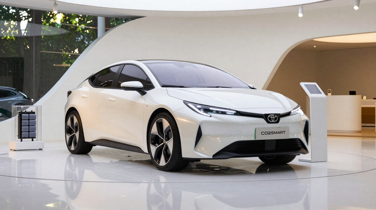 Carro elétrico Toyota branco exposto numa sala moderna com iluminação suave e design minimalista.