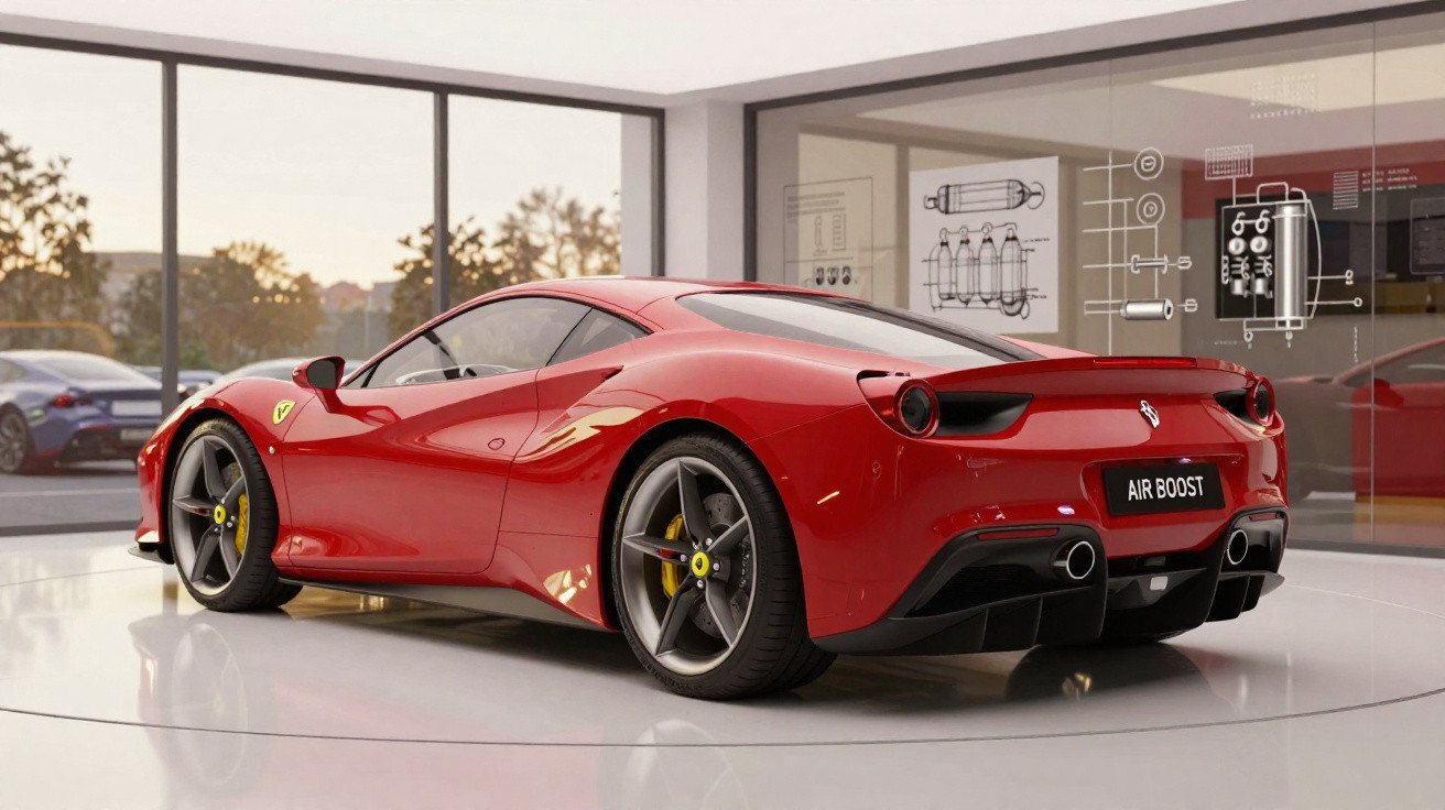 Carro desportivo vermelho Ferrari estacionado numa sala moderna com grandes janelas e autocolantes técnicos.
