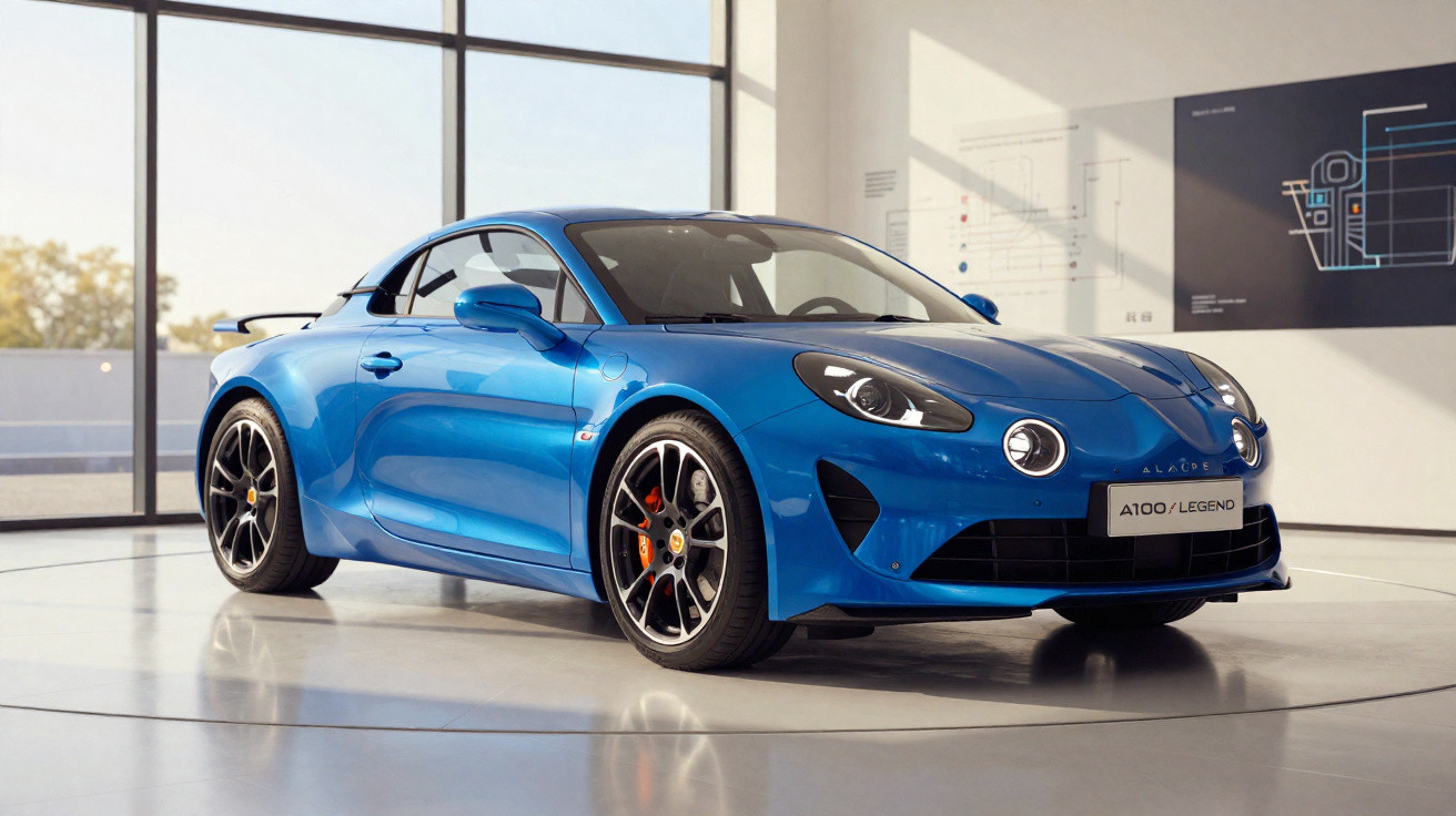 Carro desportivo azul Alpine A110 Legend estacionado dentro de um showroom moderno e iluminado.