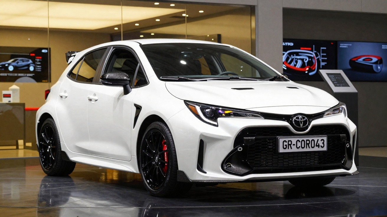 Carro desportivo branco Toyota GR Yaris exibido em salão automóvel com rodas pretas e detalhes vermelhos.