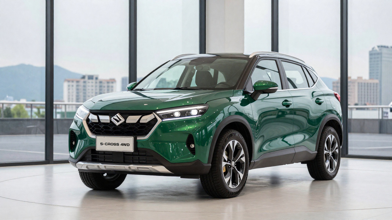 Veículo SUV verde metálico Suzuki S-Cross 4WD em ambiente urbano com janelas grandes e edifícios ao fundo.