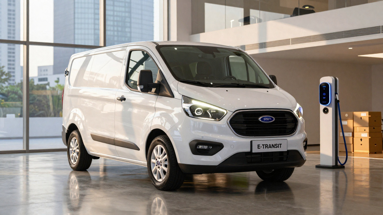 Carrinha elétrica branca Ford E-Transit estacionada junto a posto de carregamento interior moderno.
