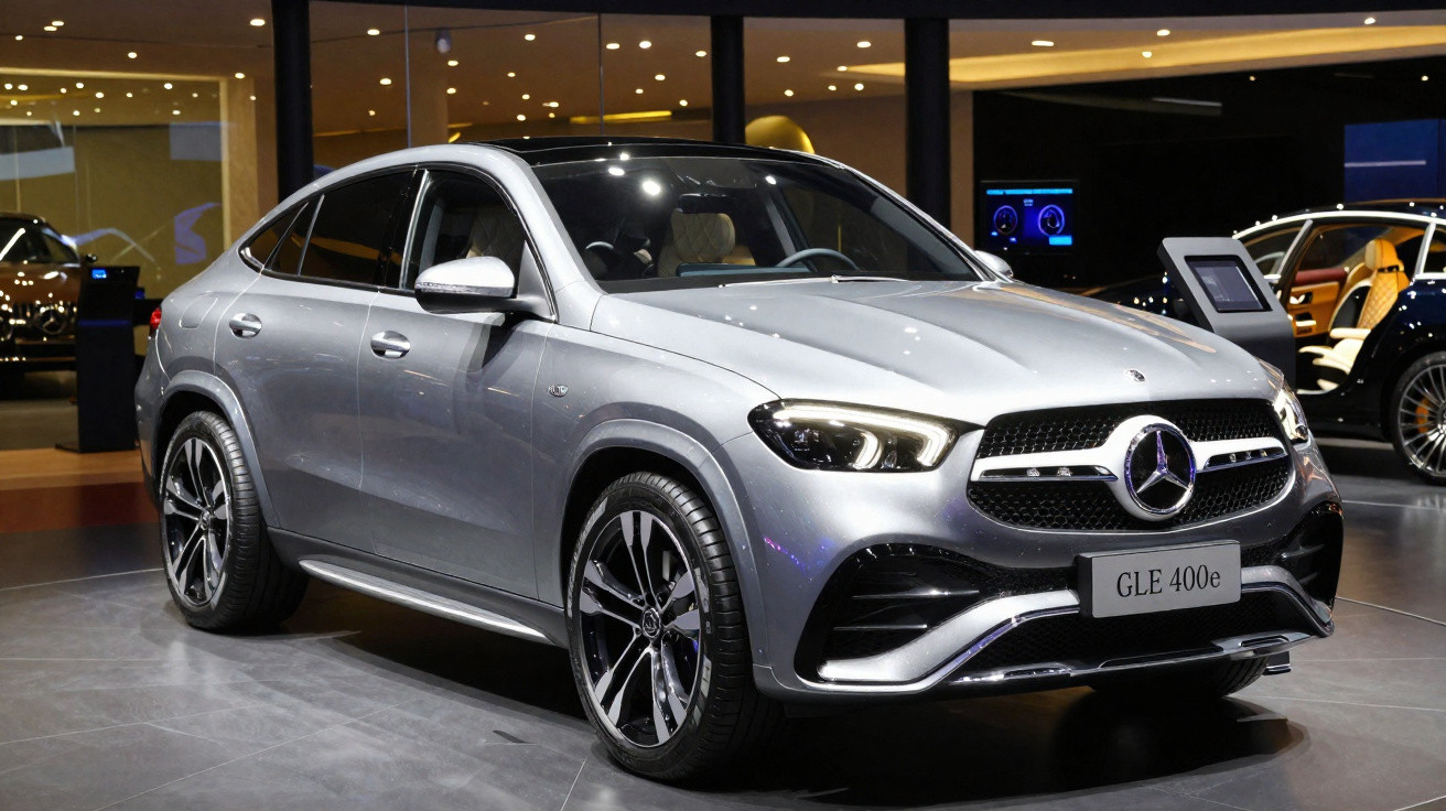 Mercedes-Benz GLE 400e prata exposto em salão automóvel com iluminação interior.