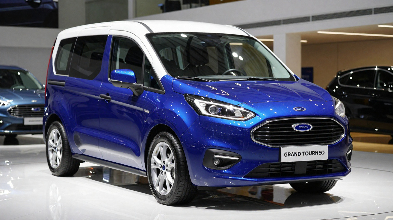 Carro Ford Grand Tourneo azul e branco exposto em salão automóvel, vista frontal lateral direita.