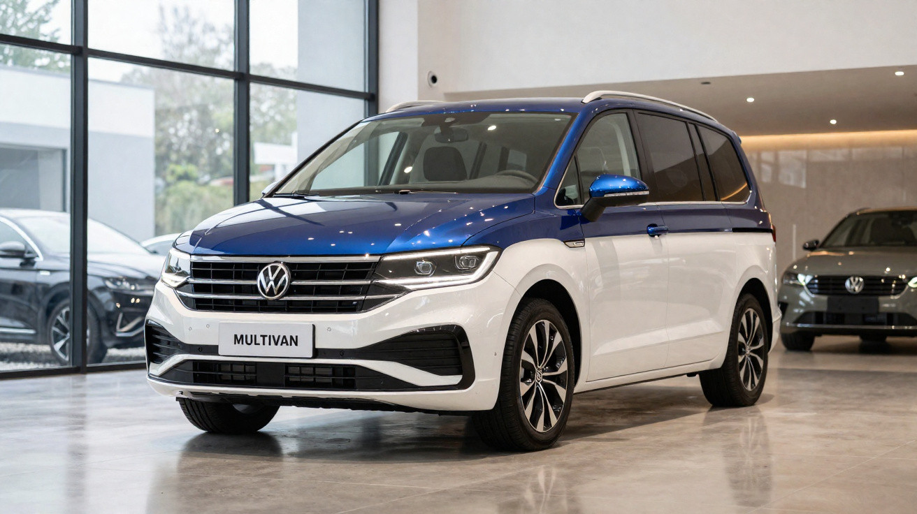 Volkswagen Multivan azul e branco estacionado num showroom moderno com piso cinzento.