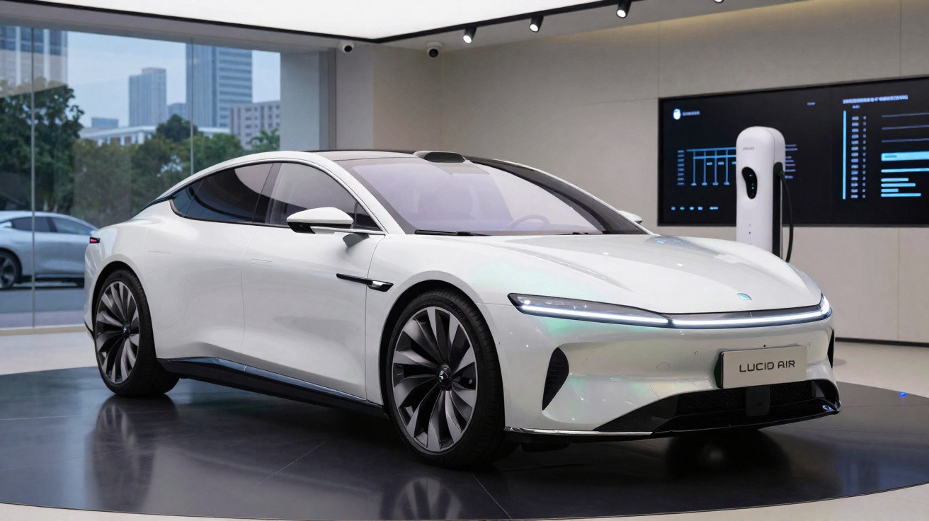 Carro elétrico branco Lucid Air estacionado numa sala de exposição moderna com carregador elétrico.