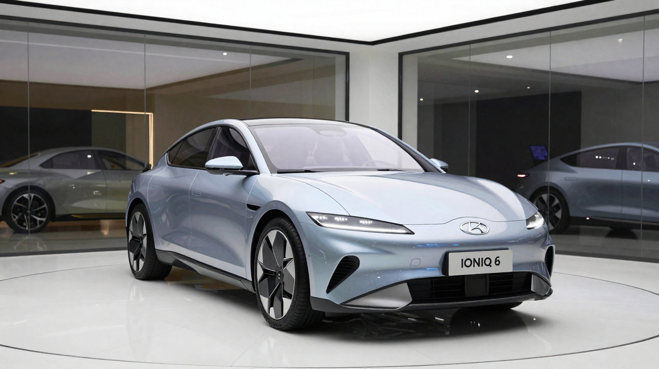 Carro elétrico Hyundai Ioniq 6 cinza prateado em exibição numa sala moderna com paredes de vidro.