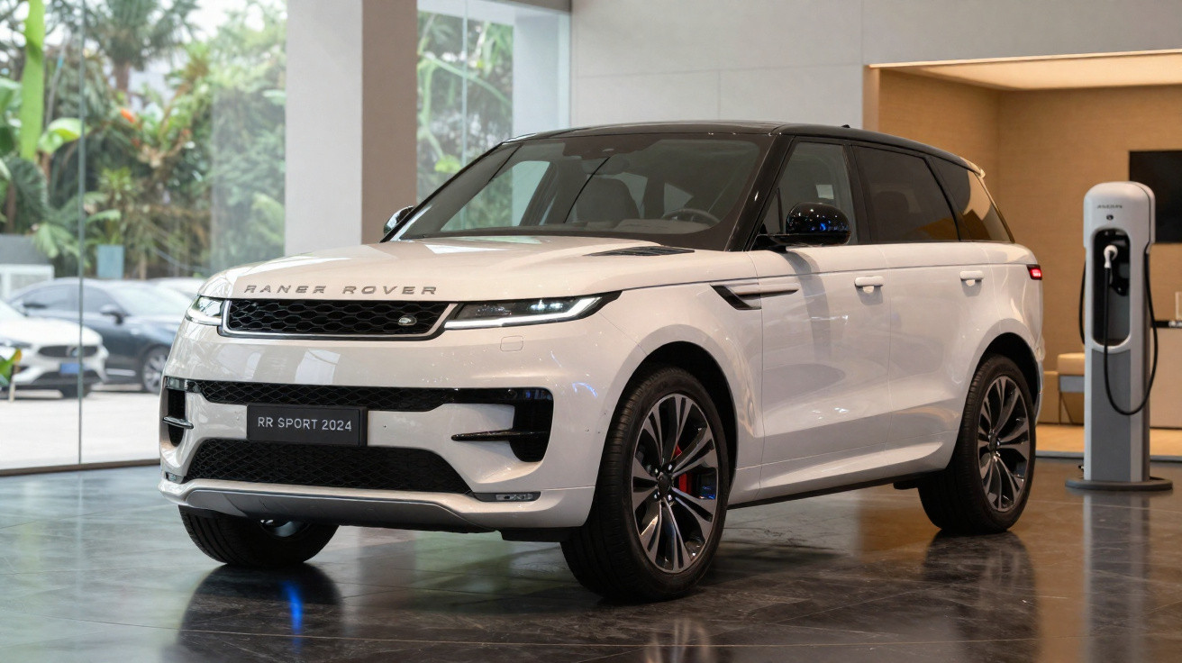 Range Rover branco em exposição interior com carregador de carro elétrico ao lado.