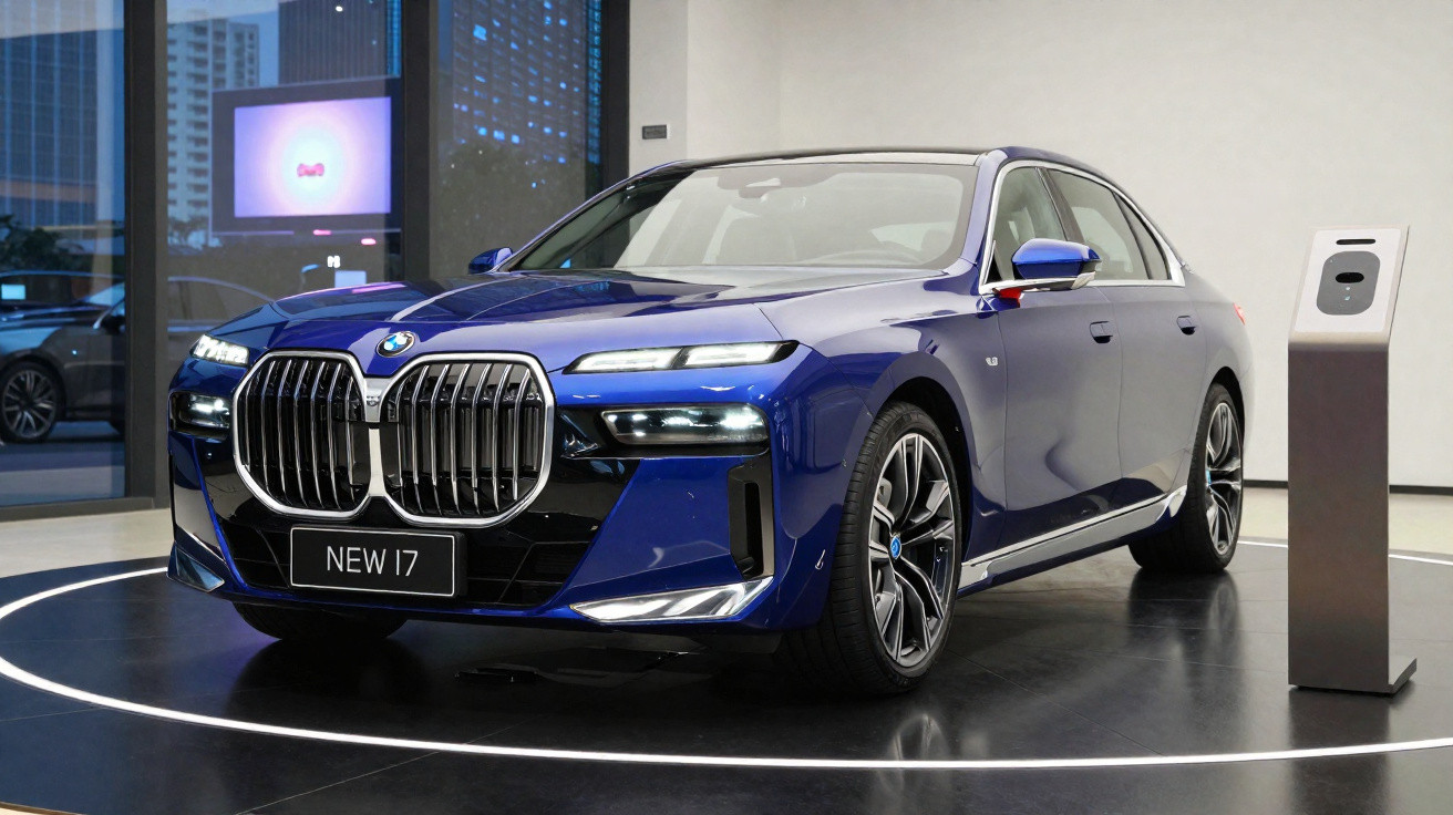 Carro elétrico BMW azul modelo i7 exposto numa plataforma redonda dentro de uma sala moderna.