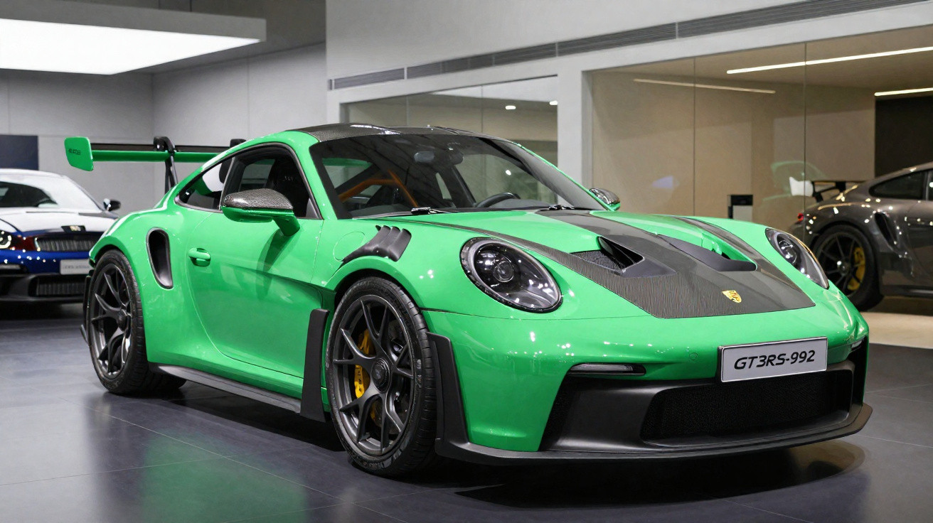 Carro desportivo Porsche GT3 RS verde com teto preto exposto em showroom moderno.