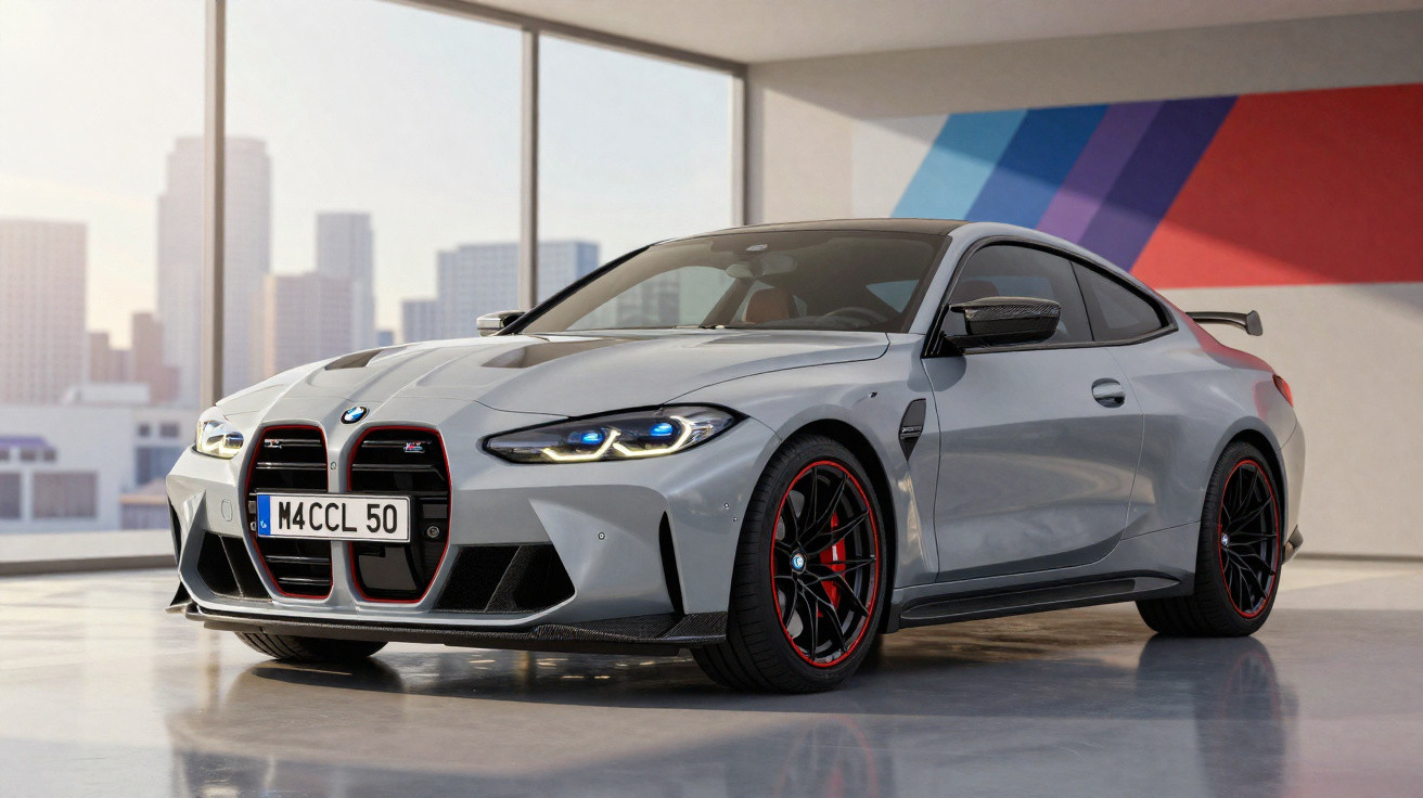 Carro desportivo BMW cinzento estacionado em espaço interior moderno com janelas e vista de cidade.