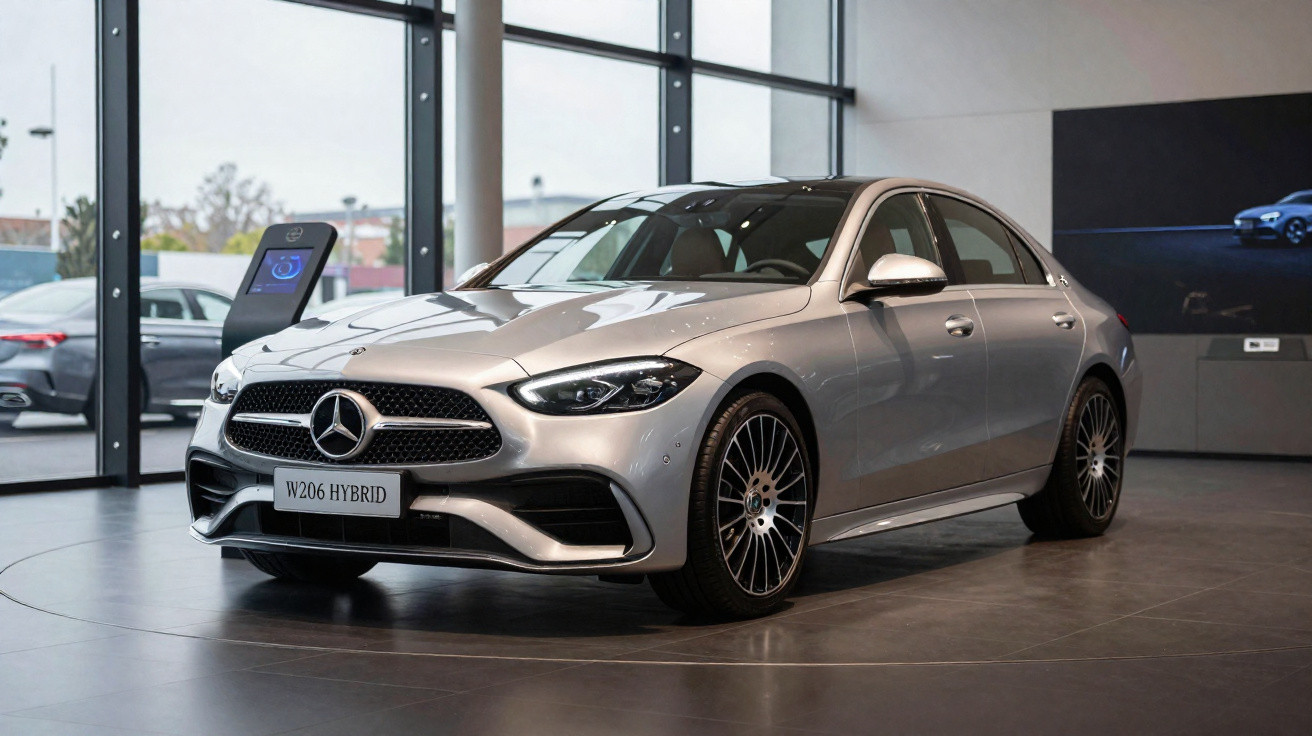 Carro Mercedes-Benz W206 Hybrid prateado em exposição numa sala moderna com grandes janelas.