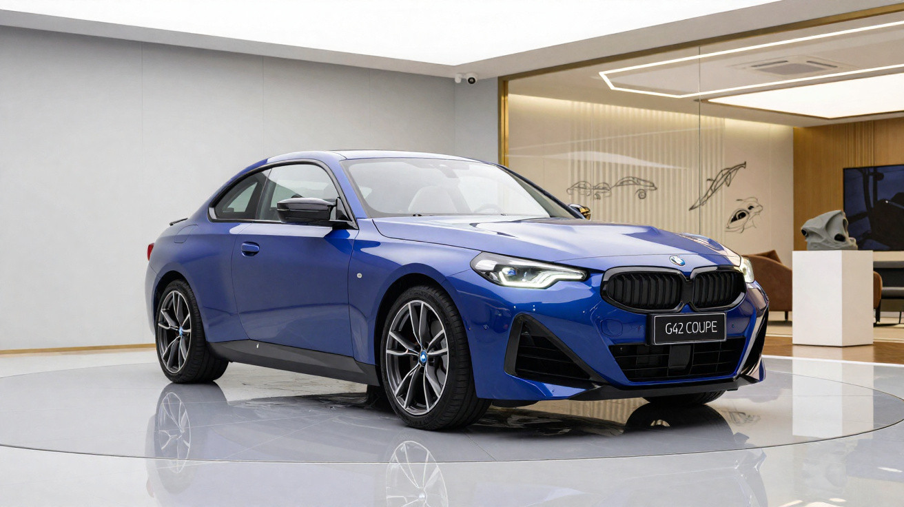 Carro desportivo azul BMW G42 Coupe exibido numa sala moderna e luminosa.
