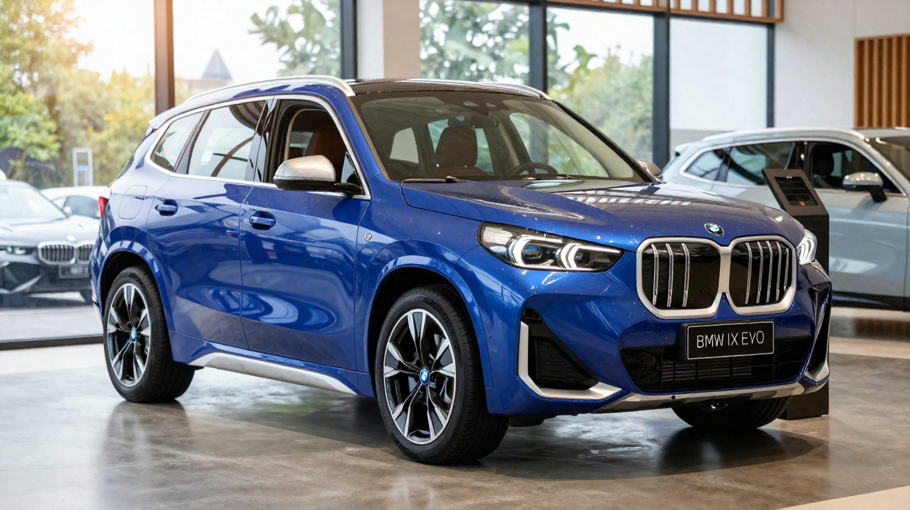Carro BMW IX EVO azul estacionado em sala de exposição com janelas grandes e carro branco ao fundo.