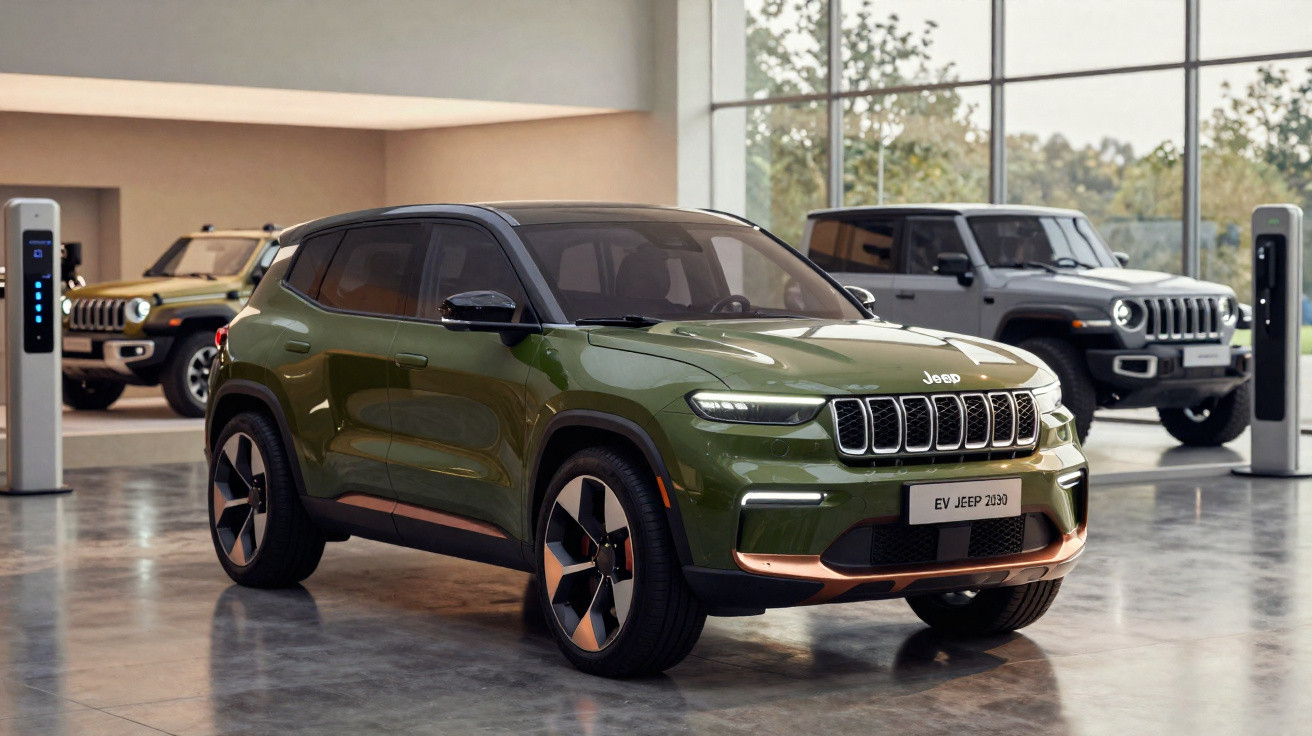 SUV Jeep verde estacionado em showroom moderno com carregadores elétricos e dois outros veículos ao fundo.