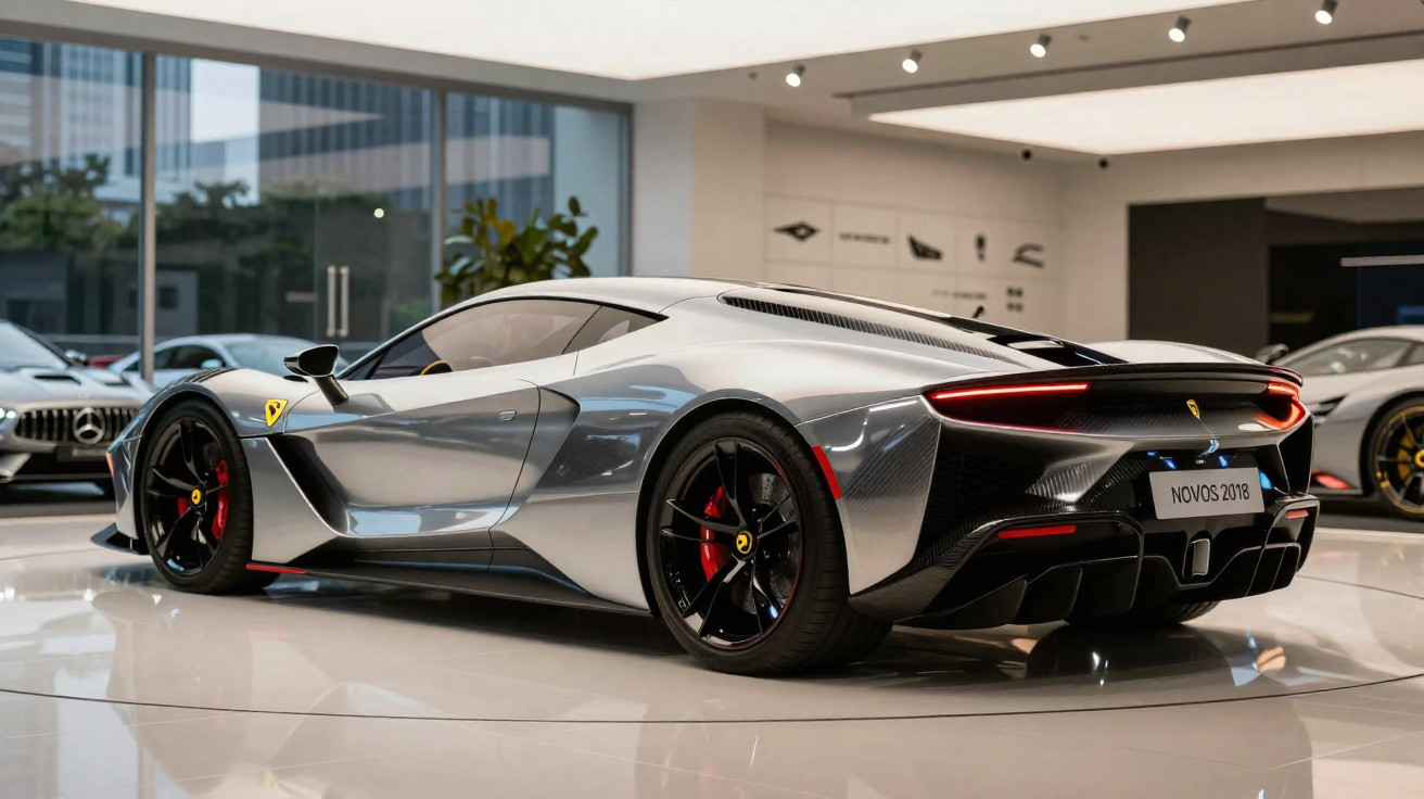 Carro desportivo cinzento metálico estacionado numa sala de exposições moderna e iluminada.