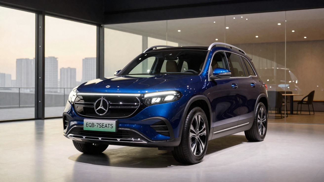 Mercedes-Benz EQB 7 lugares azul estacionado em garagem moderna com paredes de vidro.