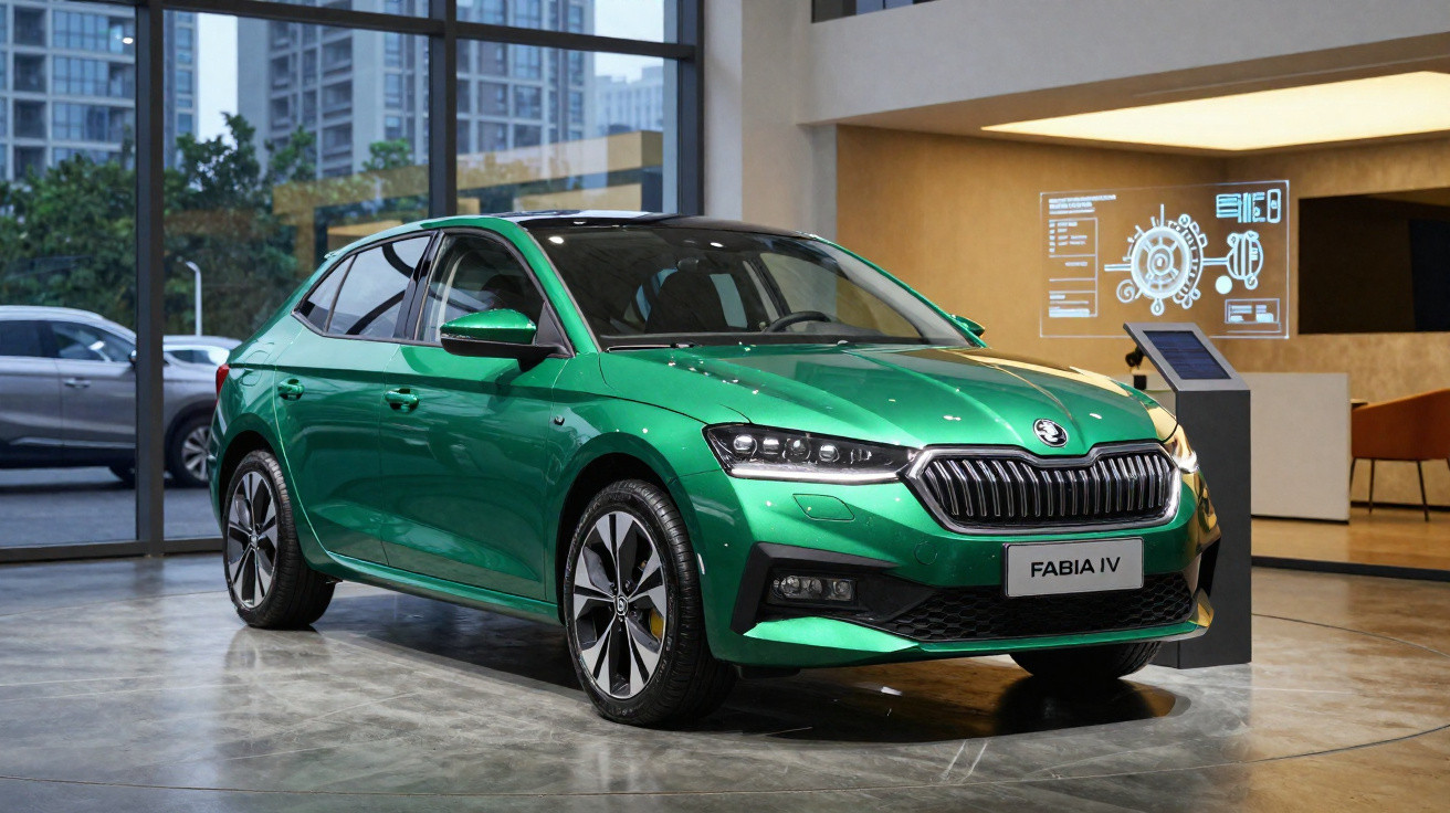 Carro Škoda Fabia IV verde exposto em salão com janelas amplas e decoração moderna.