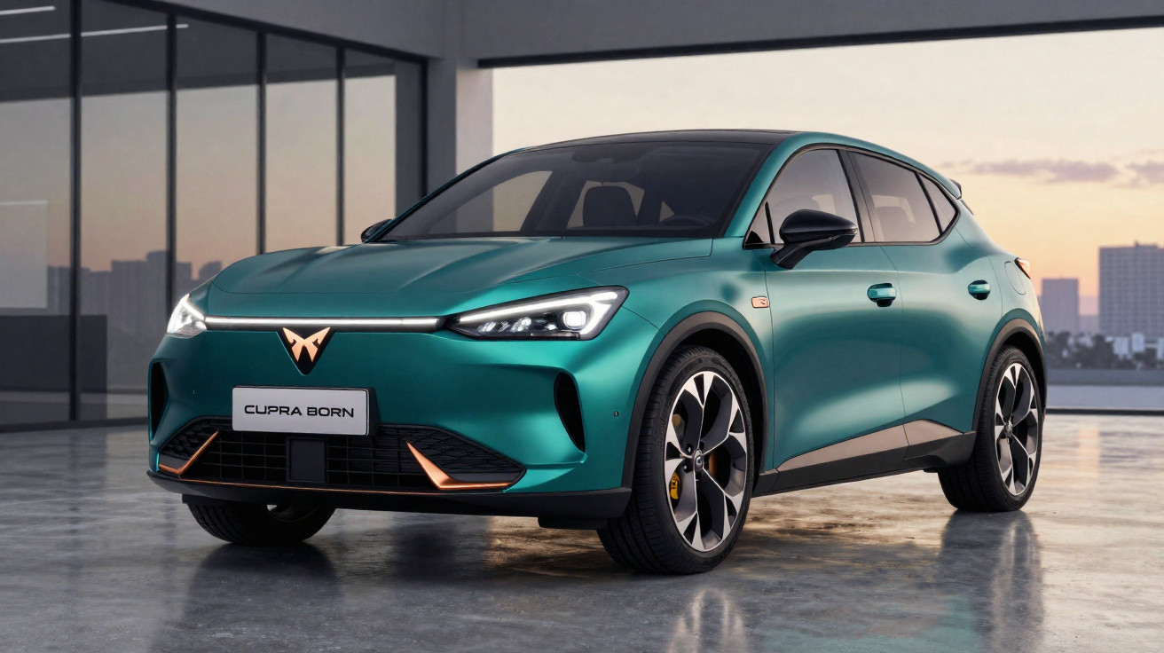 Automóvel Cupra Born elétrico verde em espaço interior moderno com janelas grandes.