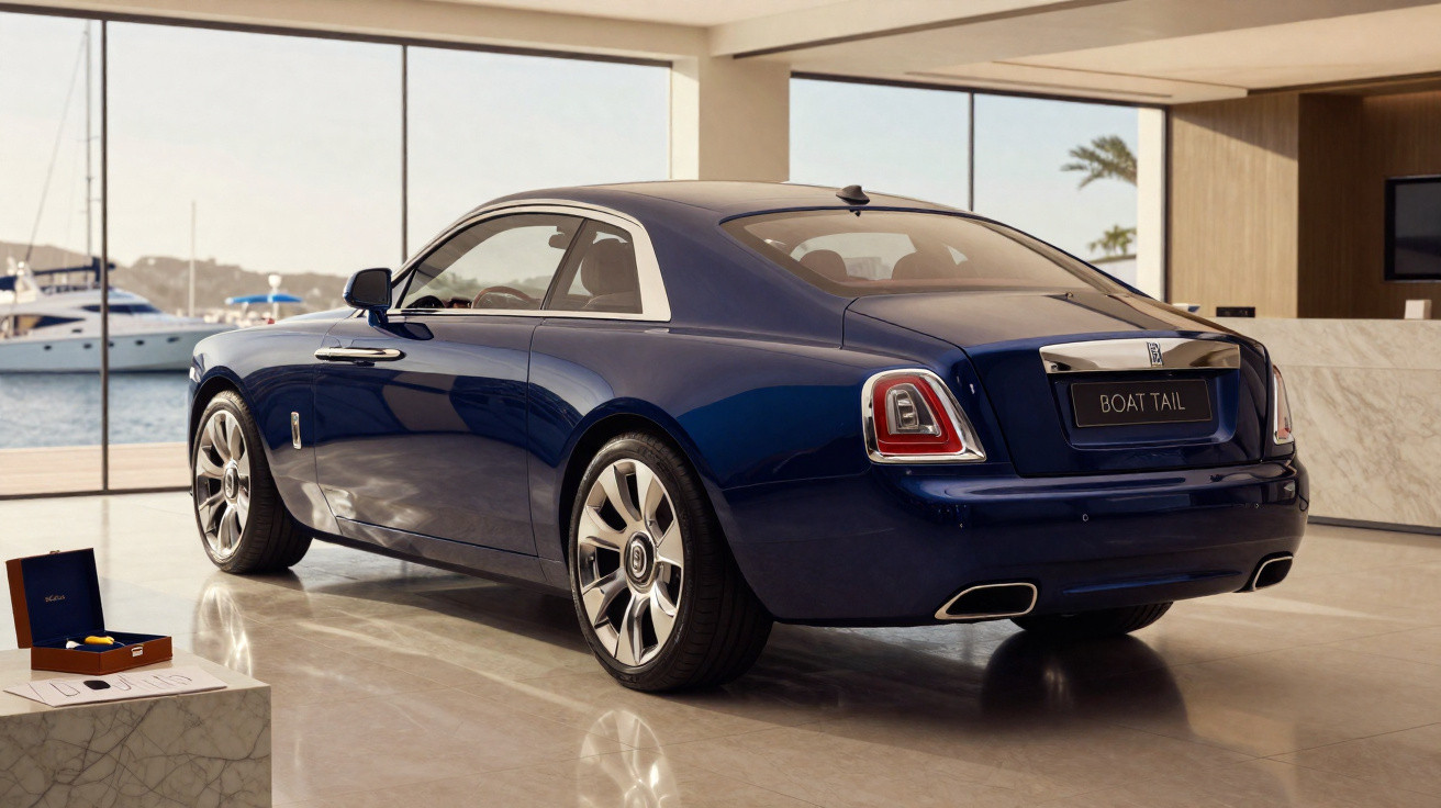 Carro de luxo azul Rolls-Royce Boat Tail estacionado numa garagem com vista para o mar e iates ao fundo.