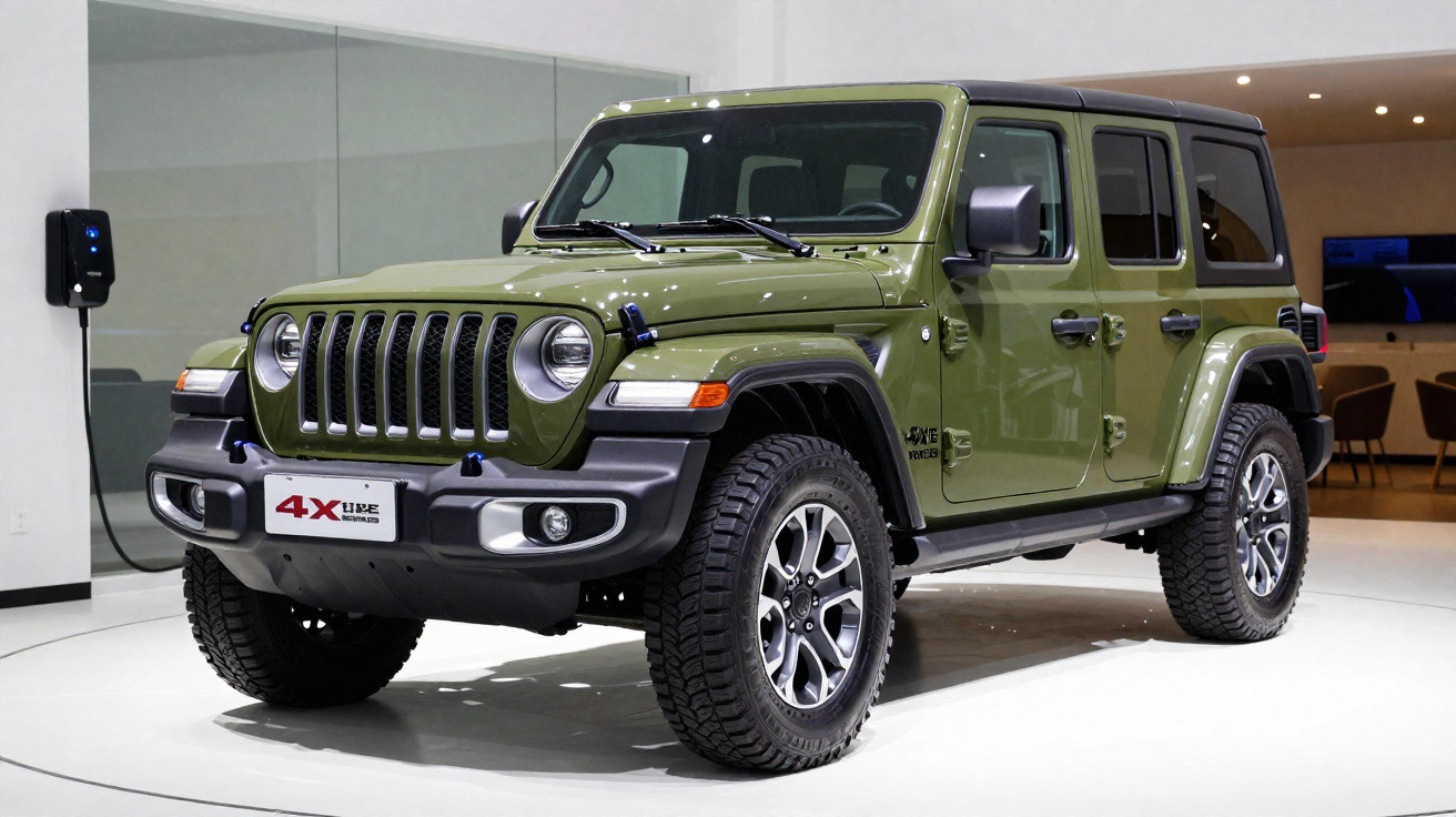 Veículo SUV verde militar 4x4 exposto em sala com paredes brancas e iluminação artificial.