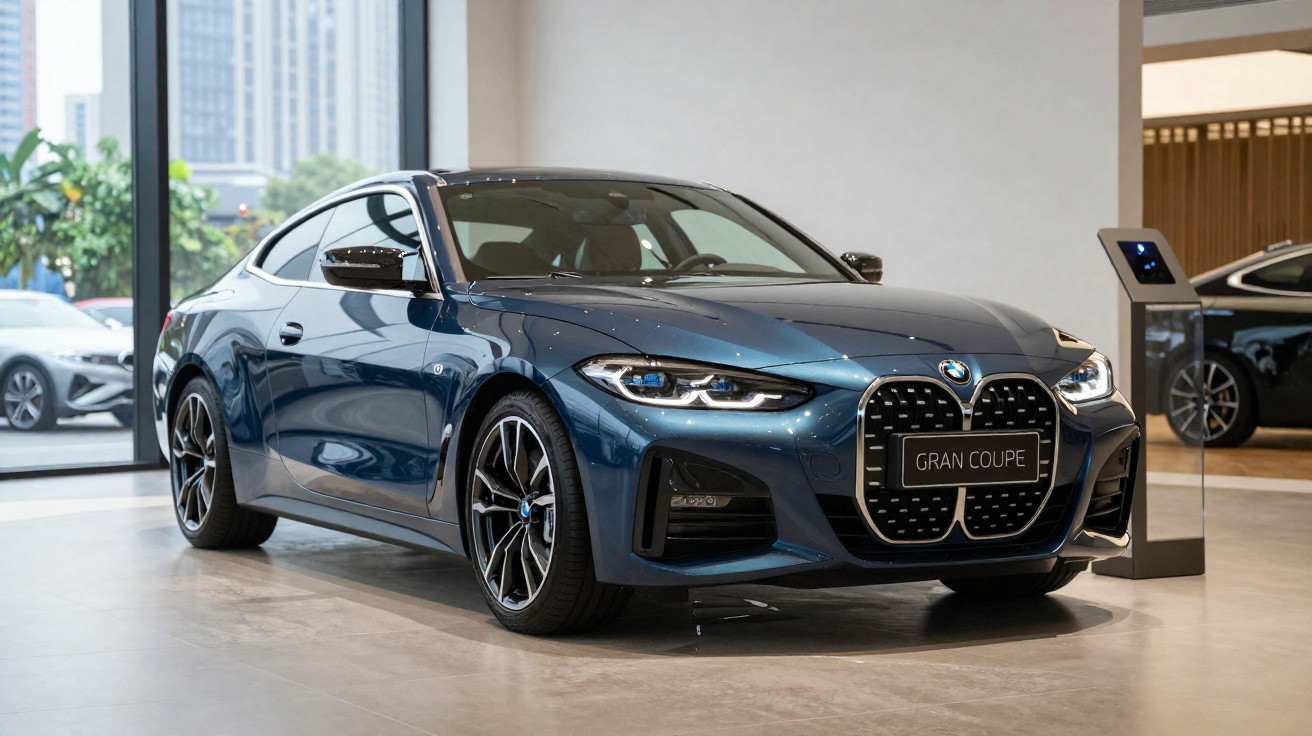Automóvel azul BMW Gran Coupe apresentado numa sala de exposição moderna com janelas grandes.