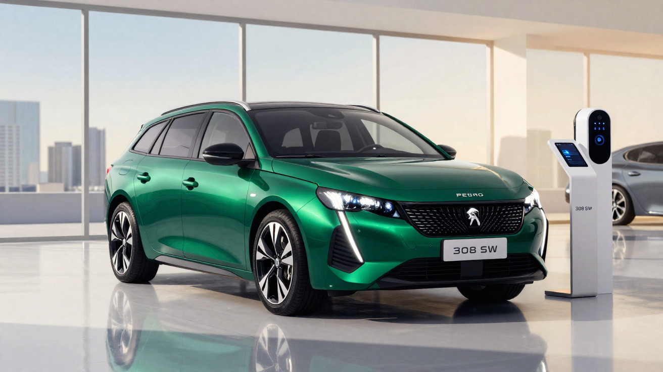 Peugeot 308 SW verde estacionado em carregador eléctrico com fundo de janelas e cidade moderna.
