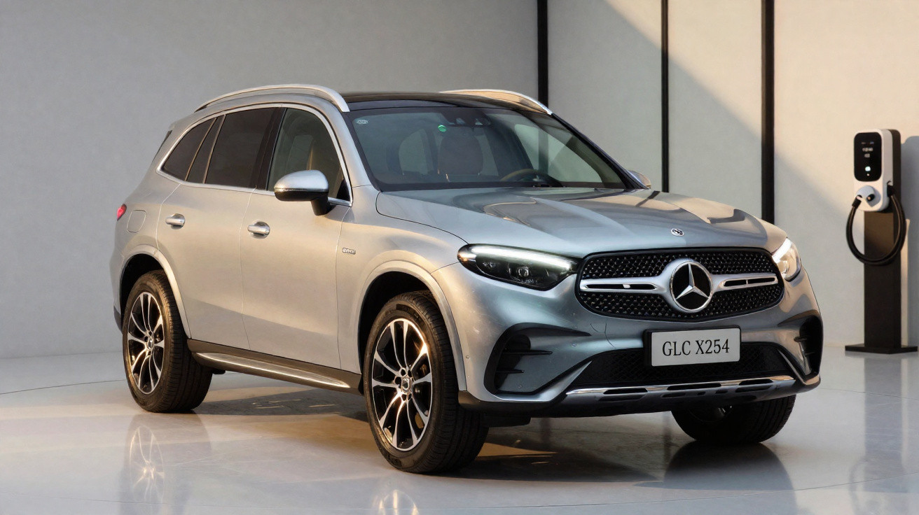SUV Mercedes-Benz GLC X254 cinzento estacionado em interior moderno com carregador elétrico ao fundo.
