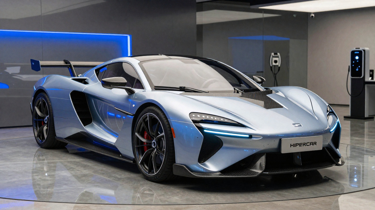 Carro desportivo prateado com design aerodinâmico exposto numa sala moderna e iluminada.