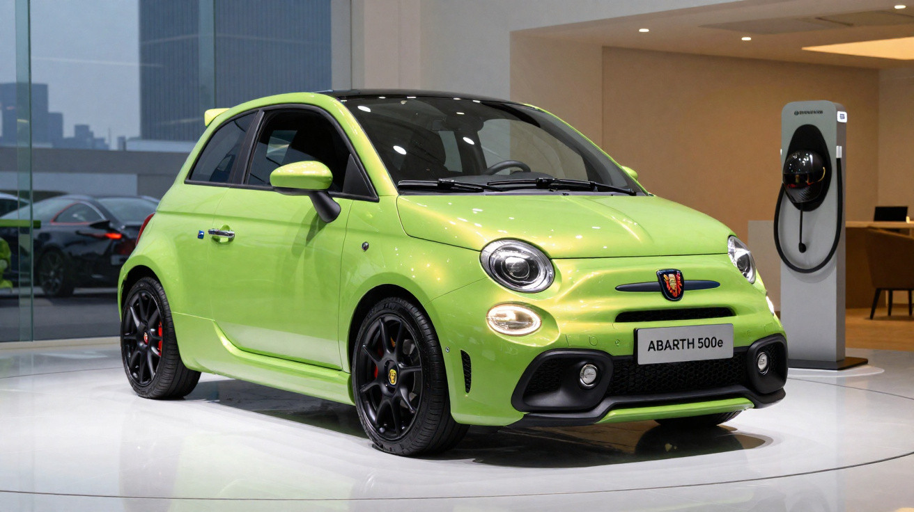 Carro elétrico verde Abarth 500e estacionado junto a um posto de carregamento em ambiente moderno de exposição.