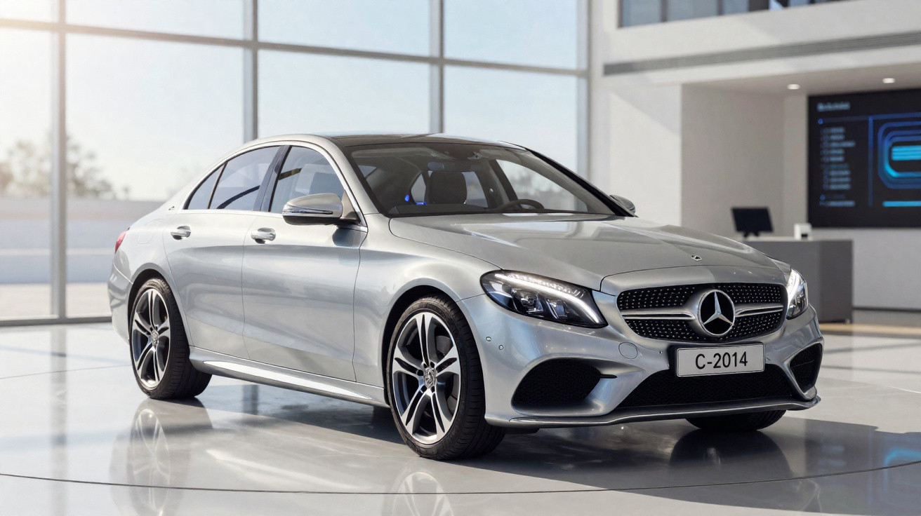 Carro prateado Mercedes-Benz C 2014 estacionado em showroom moderno e luminoso.
