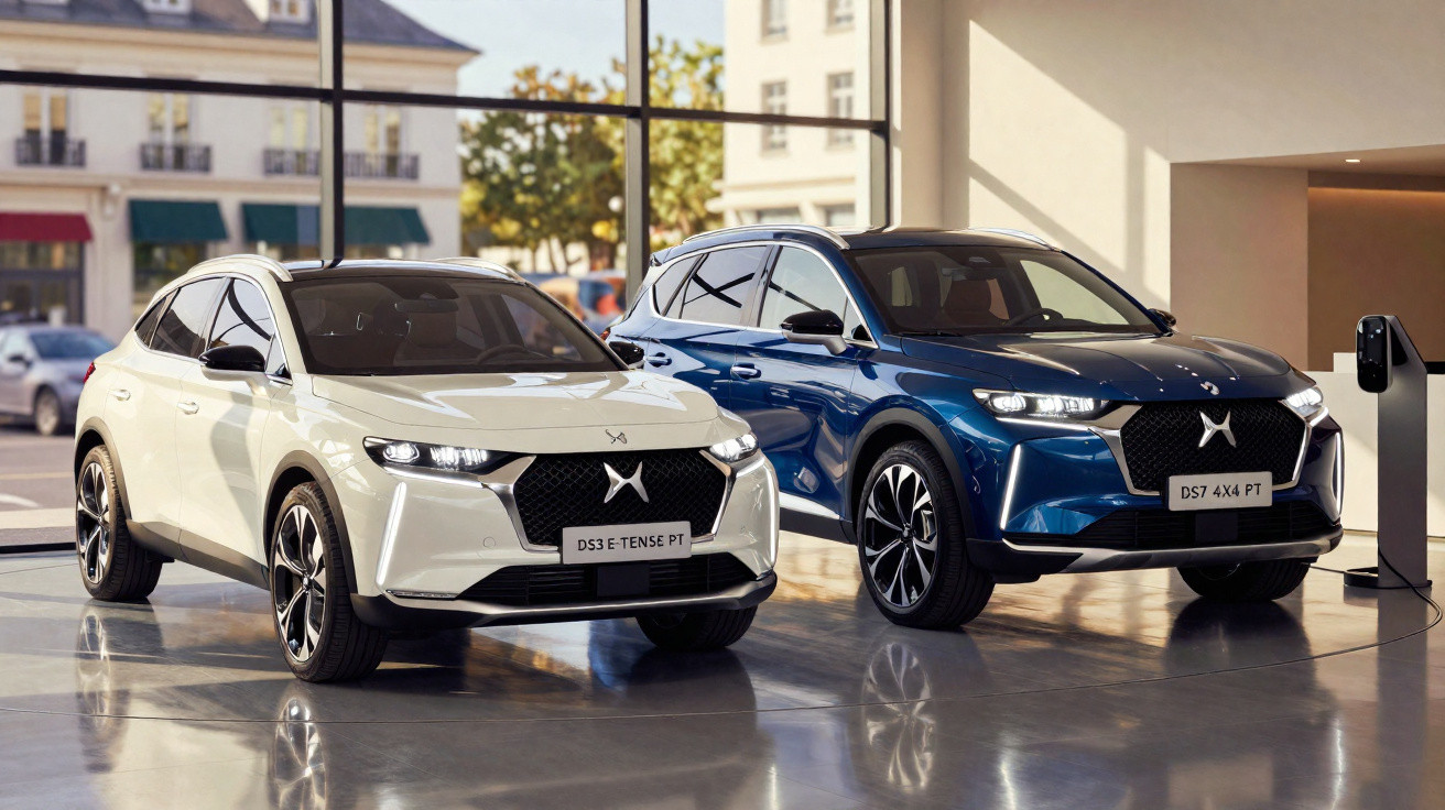 Dois SUV elétricos DS em branco e azul numa sala de exposição moderna com carregador elétrico.