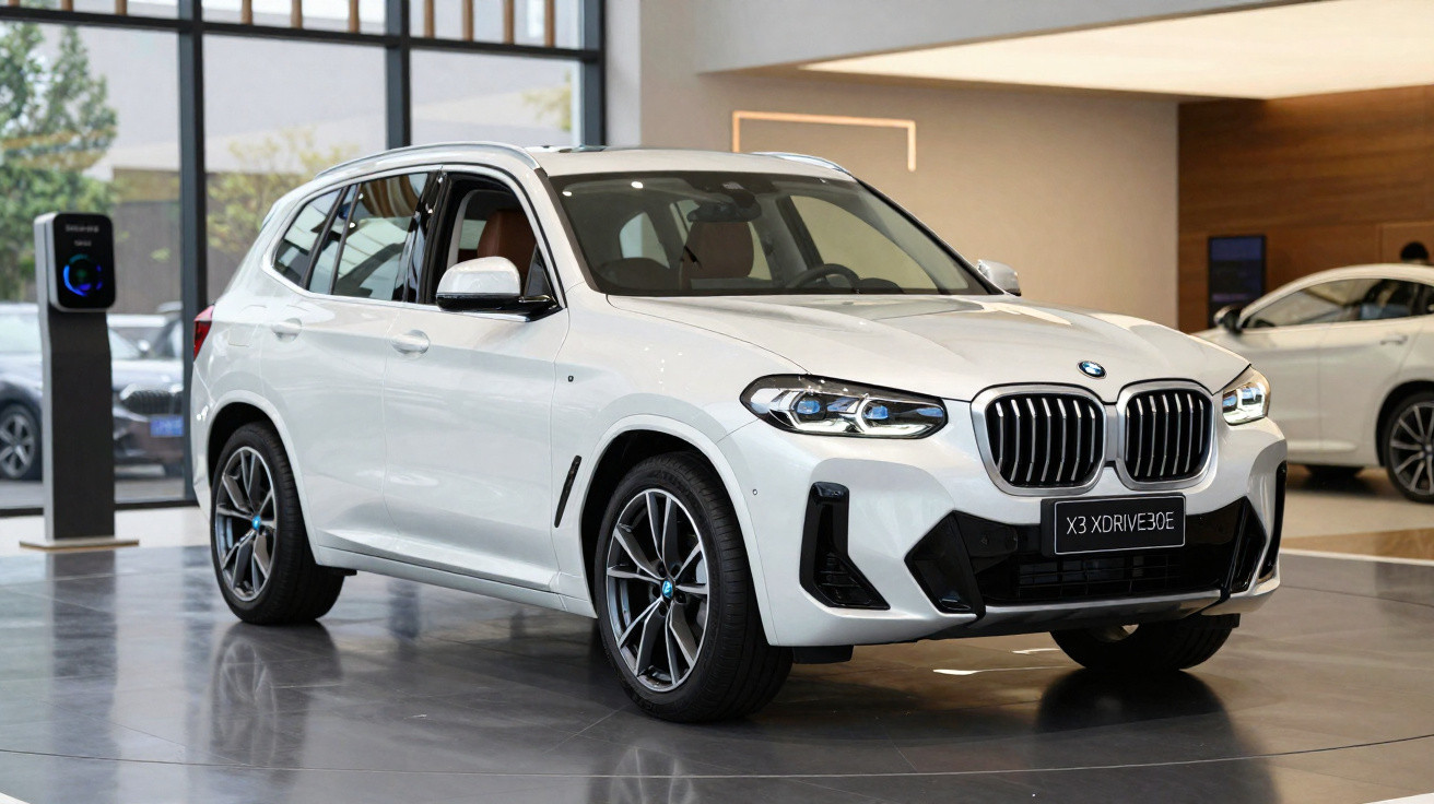 BMW X3 branco elétrico exposto numa sala de showroom moderna com janelas amplas.