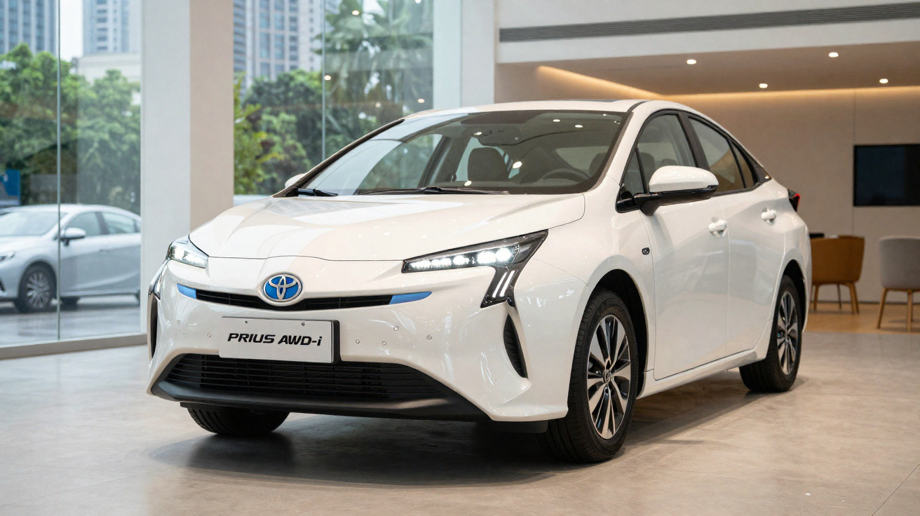 Carro branco Toyota Prius AWD-i estacionado num showroom moderno com janelas grandes.