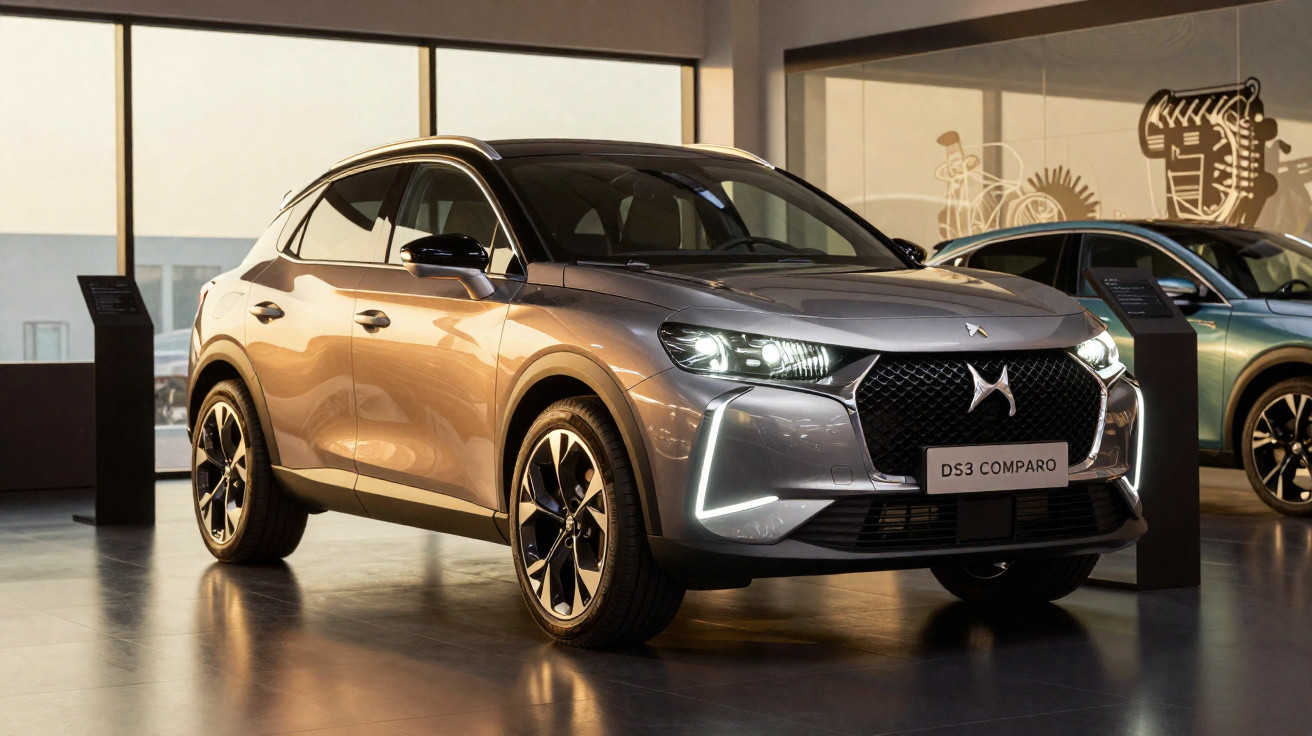 Carro elétrico DS3 em exposição com faróis acesos numa sala moderna e iluminada ao pôr do sol.