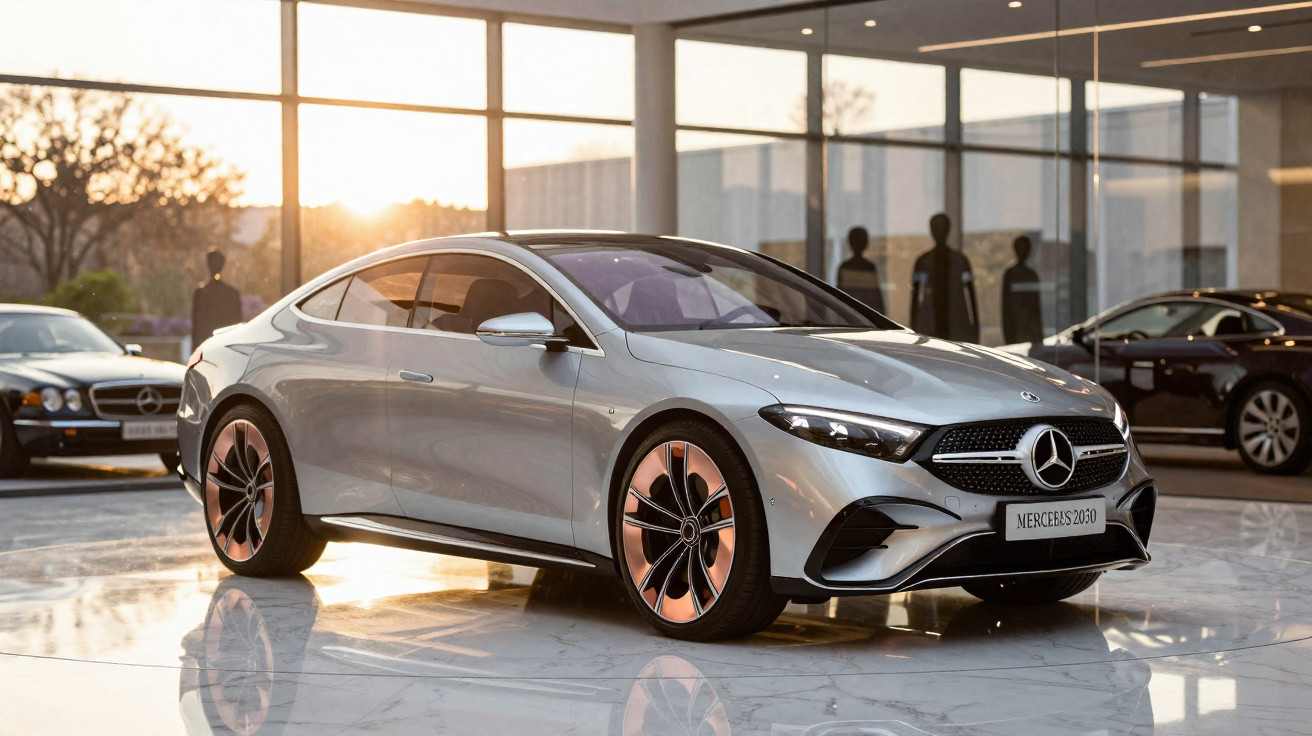 Carro Mercedes-Benz prateado moderno exposto numa sala com chão refletor e janelas amplas.