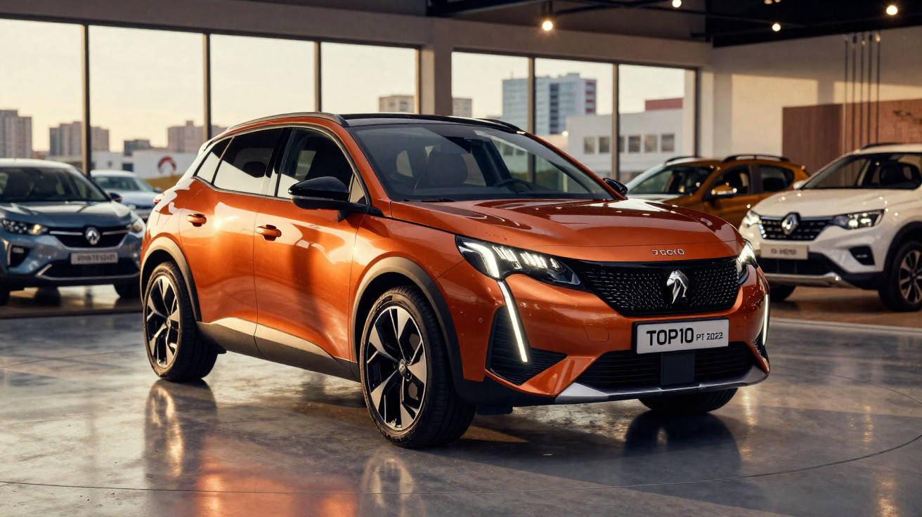 Carro SUV laranja brilhante com faróis LED, destacado numa sala de exposições automóvel moderna.