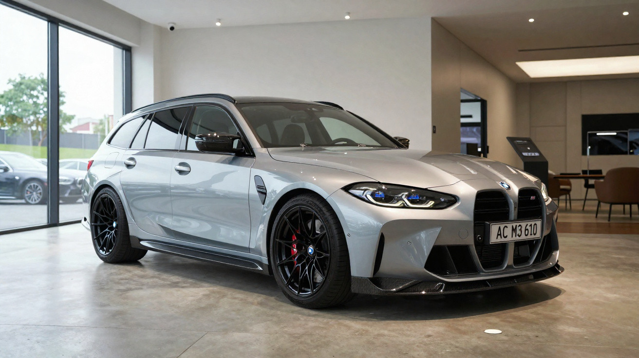 Carro BMW M3 Touring cinzento, de garagem moderna com chão em cimento polido.