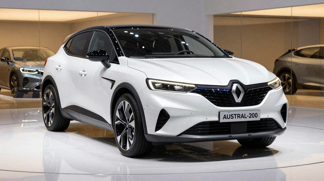 Carro elétrico Renault Austral-200 branco exibido em stand moderno com espelho ao fundo.