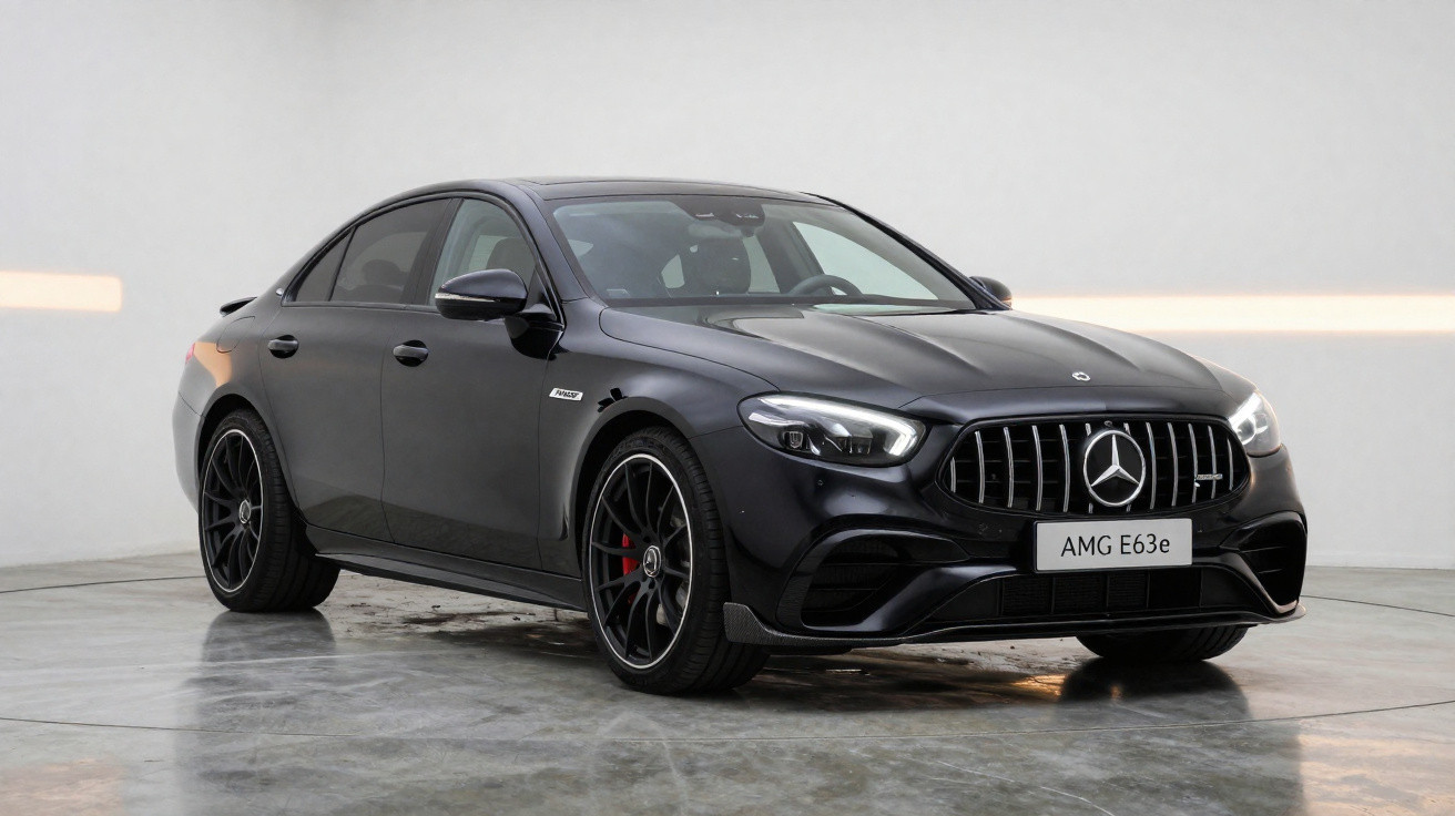 Mercedes-Benz AMG E63e preto estacionado em piso de cimento, vista frontal direita.