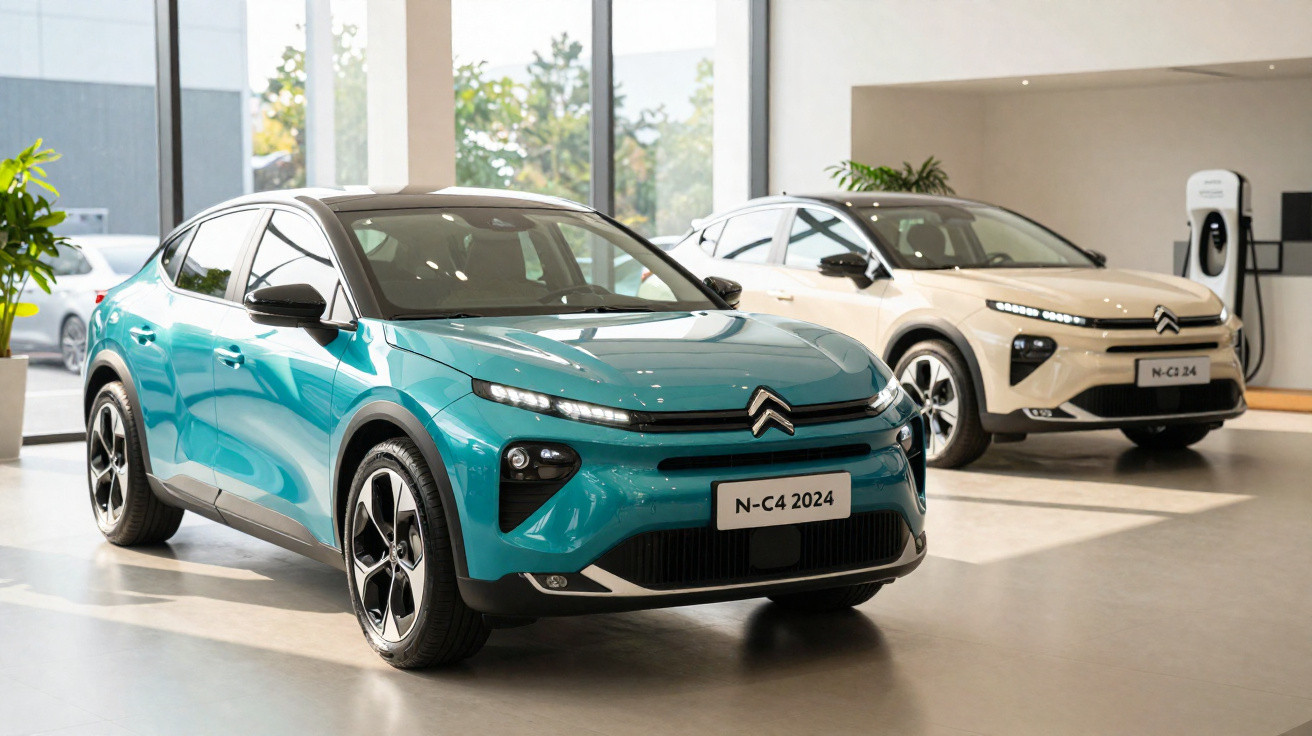 Dois carros Citroën elétricos modelo 2024 expostos em sala iluminada, um azul turquesa e outro branco.
