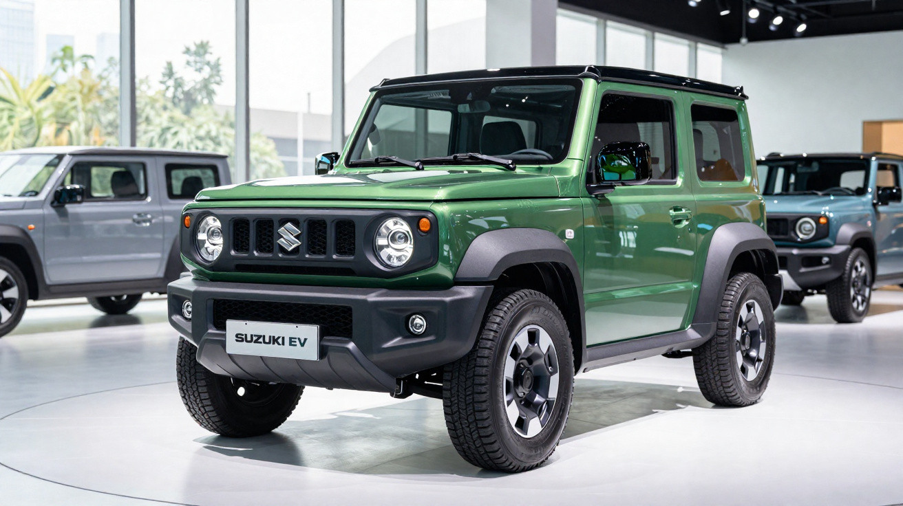 Veículo elétrico Suzuki EV verde exposto em ambiente interior moderno e bem iluminado.