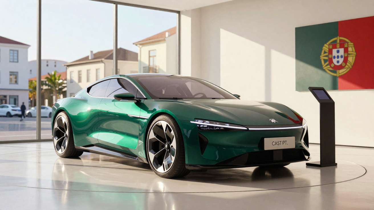 Carro desportivo verde metálico exposto em sala moderna com bandeira de Portugal ao fundo.