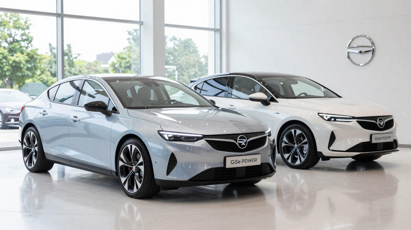 Dois carros elétricos Opel GSe Power, prata e branco, expostos numa sala de showroom moderna.