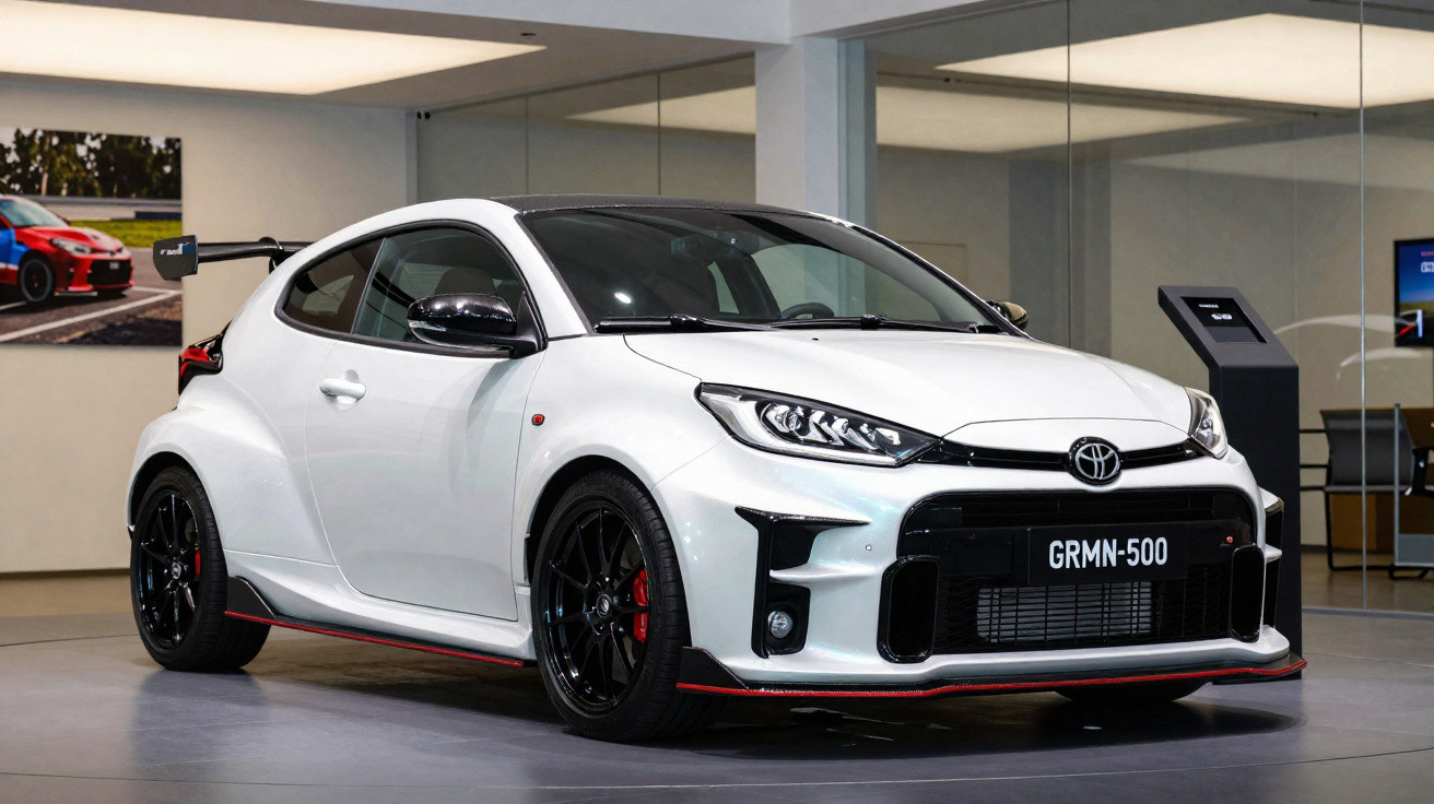 Carro desportivo branco Toyota GRMN-500 estacionado numa sala de exposição moderna com paredes de vidro.