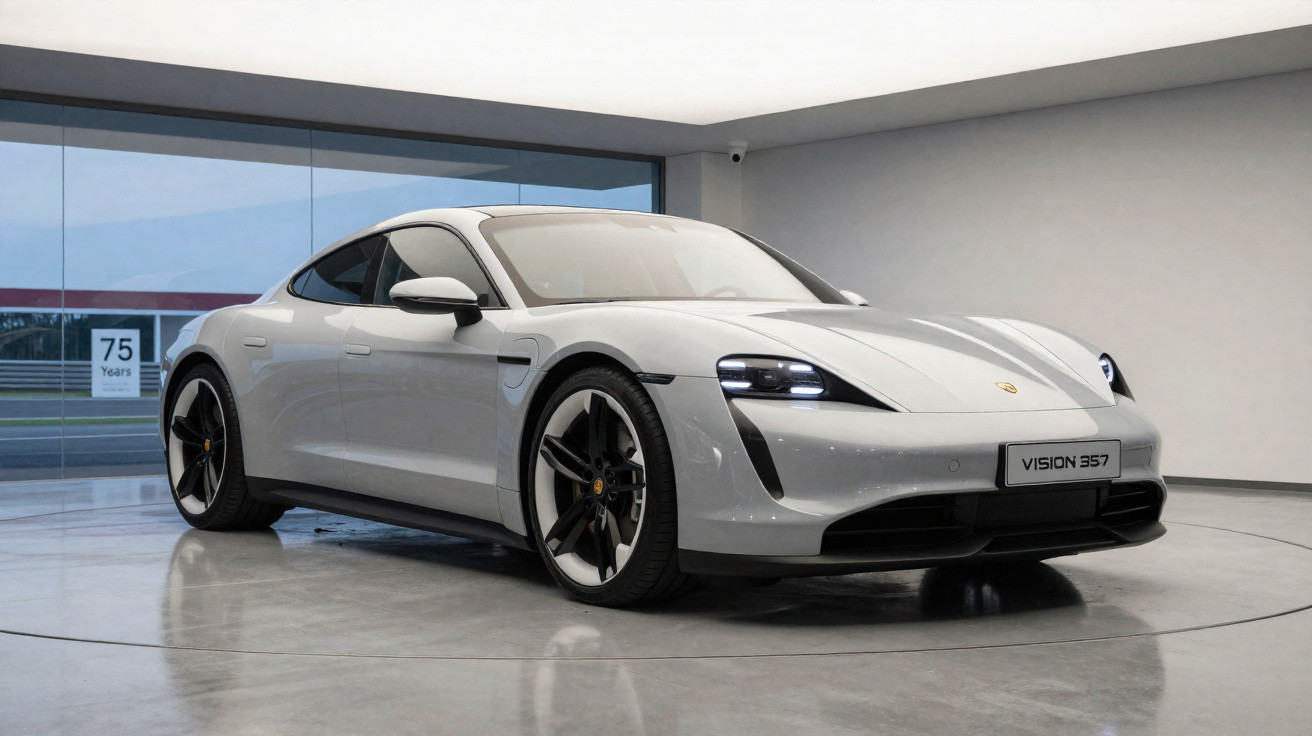 Carro desportivo elétrico cinzento Porsche Vision 357 em exposição numa sala moderna e iluminada.