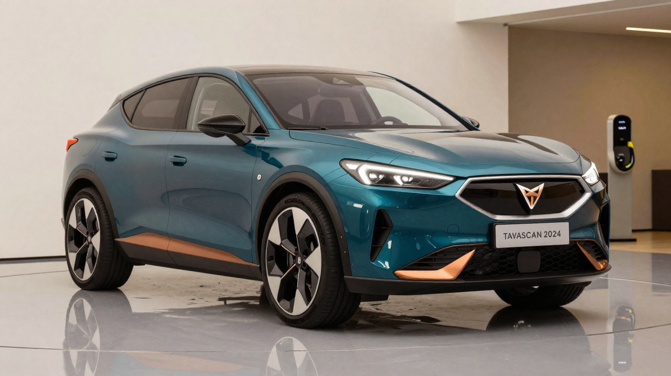 Automóvel elétrico Cupra Tavascan 2024 azul com detalhes em cobre exibido em espaço interior moderno.