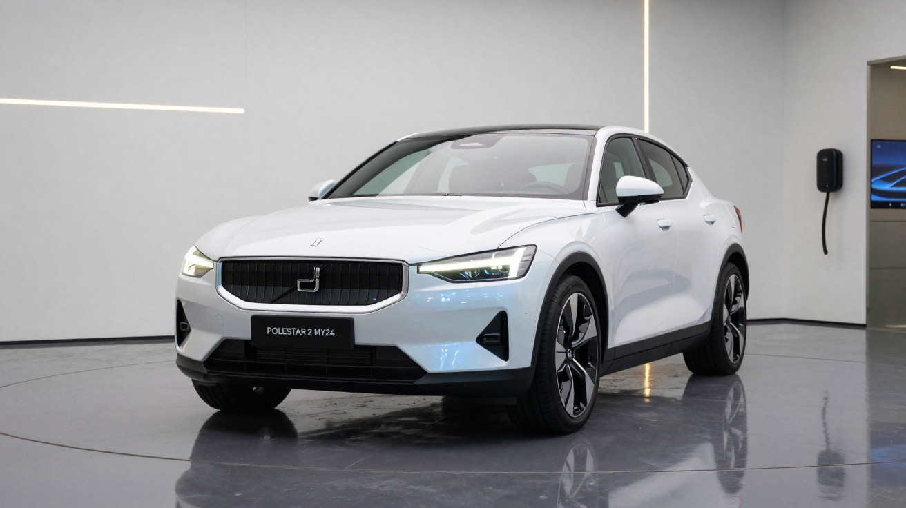 Carro eléctrico branco Polestar 2 MY24 numa exposição minimalista com chão refletor e paredes cinzentas.