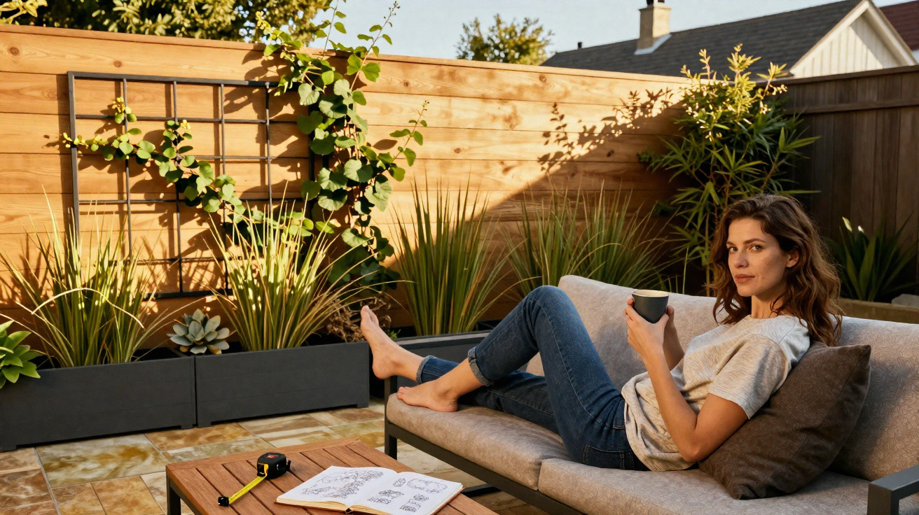 Mulher relaxa descalça num sofá de jardim com caneca, livro de desenhos e fita métrica numa mesa de madeira.