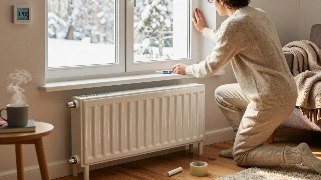 Homem com suéter bege ajusta janela junto a radiador ligado numa sala acolhedora com vista para neve.